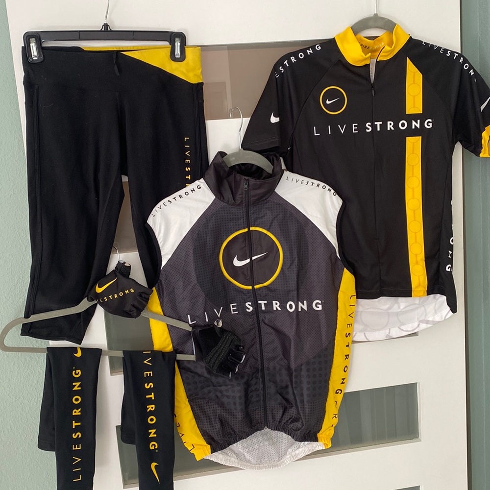 Livestrong cycling kit - vest, jersey, arm warmers, fingerless gloves, tights